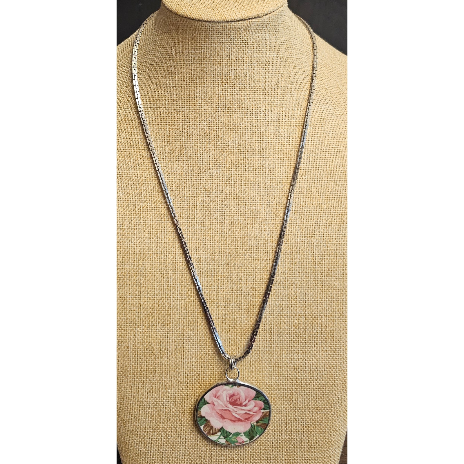 Artisan Broken China Ceramic Pink Rose Silver Tone Necklace Pendant 22